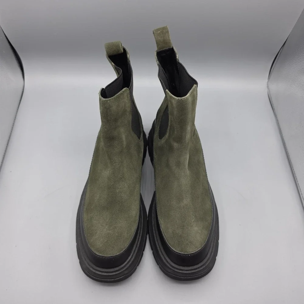 Maeve Anthropologie Chelsea Boots Womens 38 Green Suede Chunky Lug Sole Platform